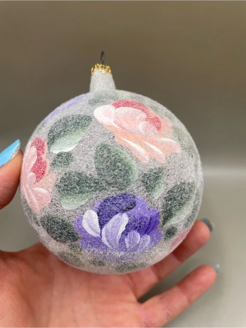 Vintage ITALY Flocked Floral Round Christmas 4” Ornament Ball Pink Purple